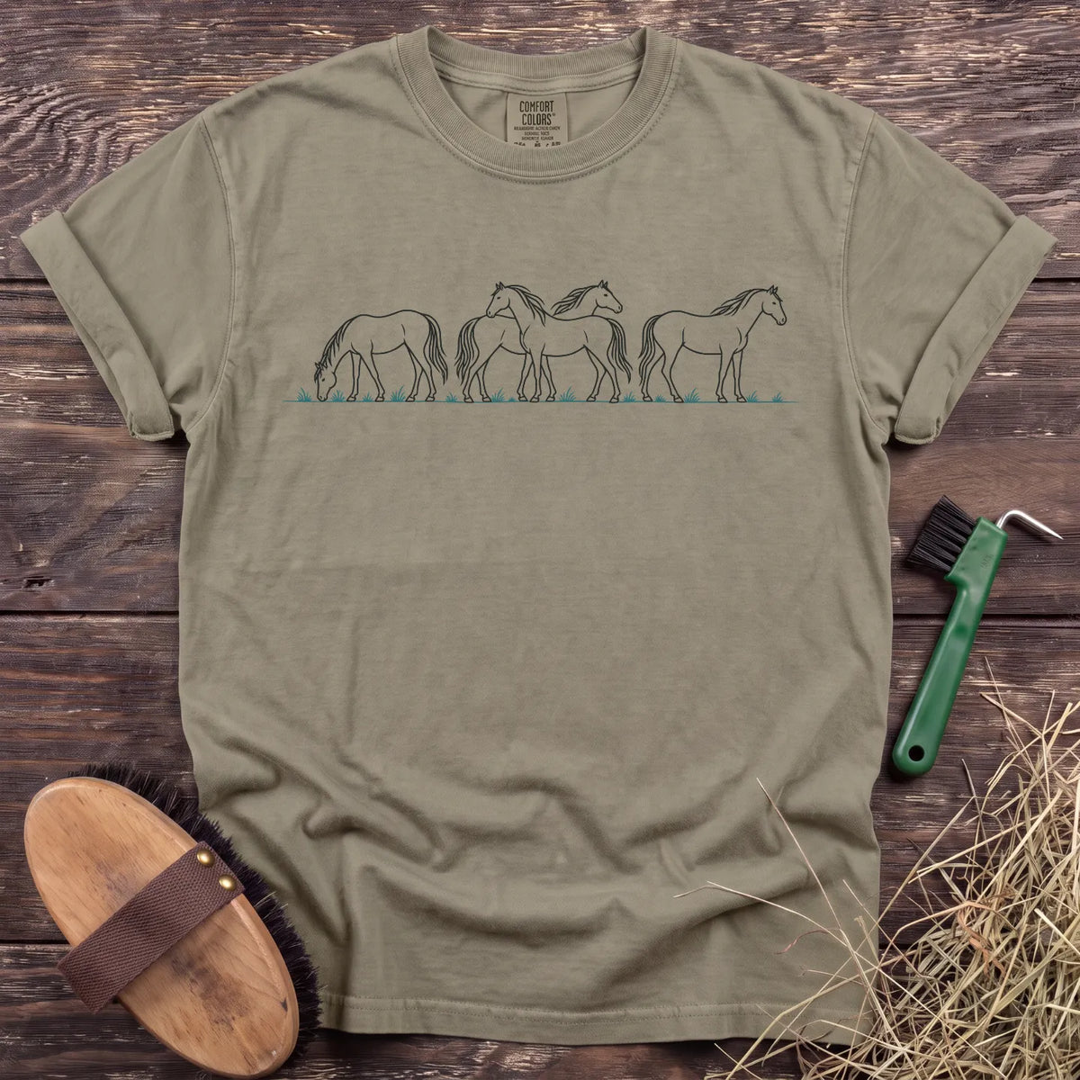 Peaceful herd horse line-art T-shirt in Sandstone [color: Sandstone]