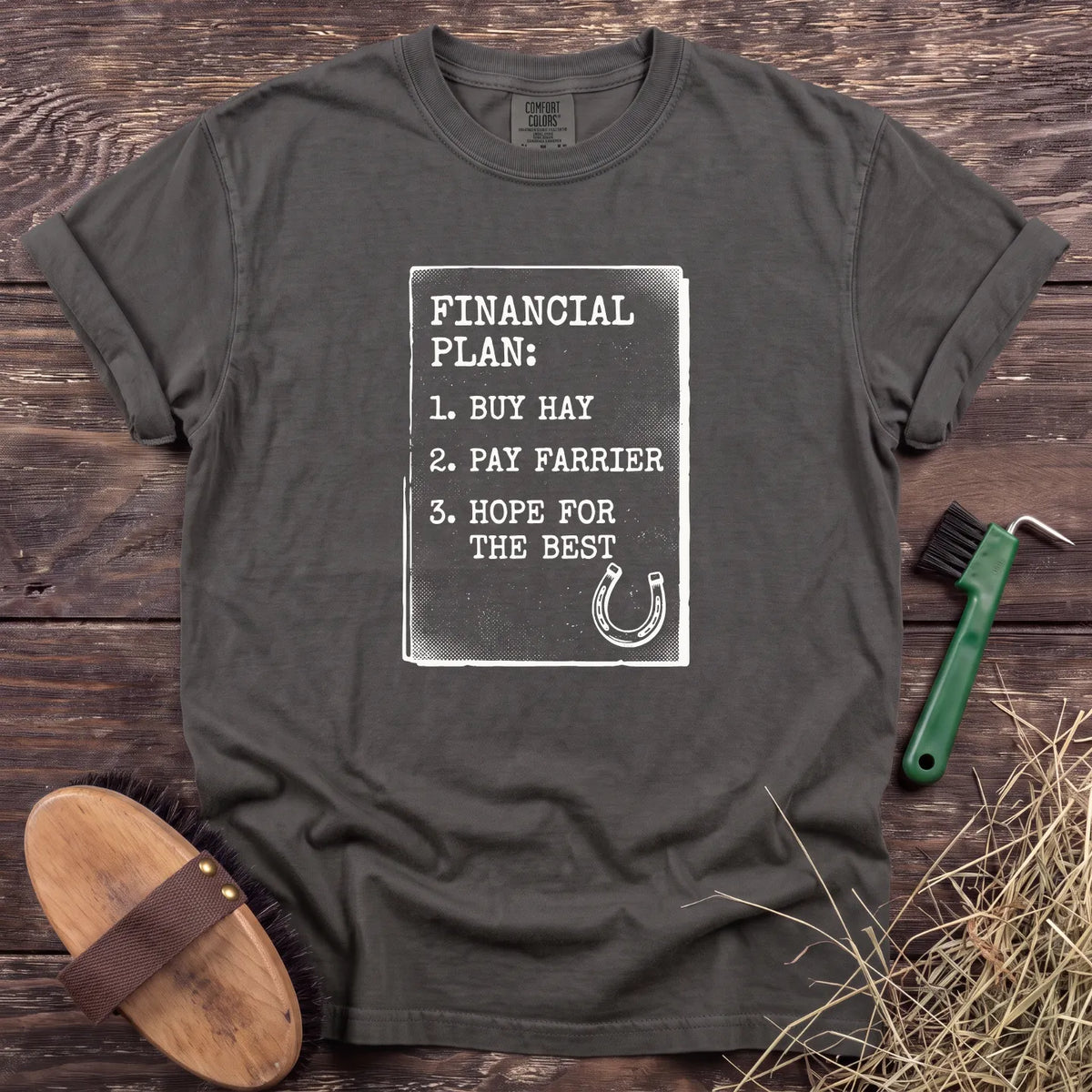 Gray t-shirt with "Financial Plan" graphic: Buy hay, pay farrier, hope for the best, featuring a horseshoe design.