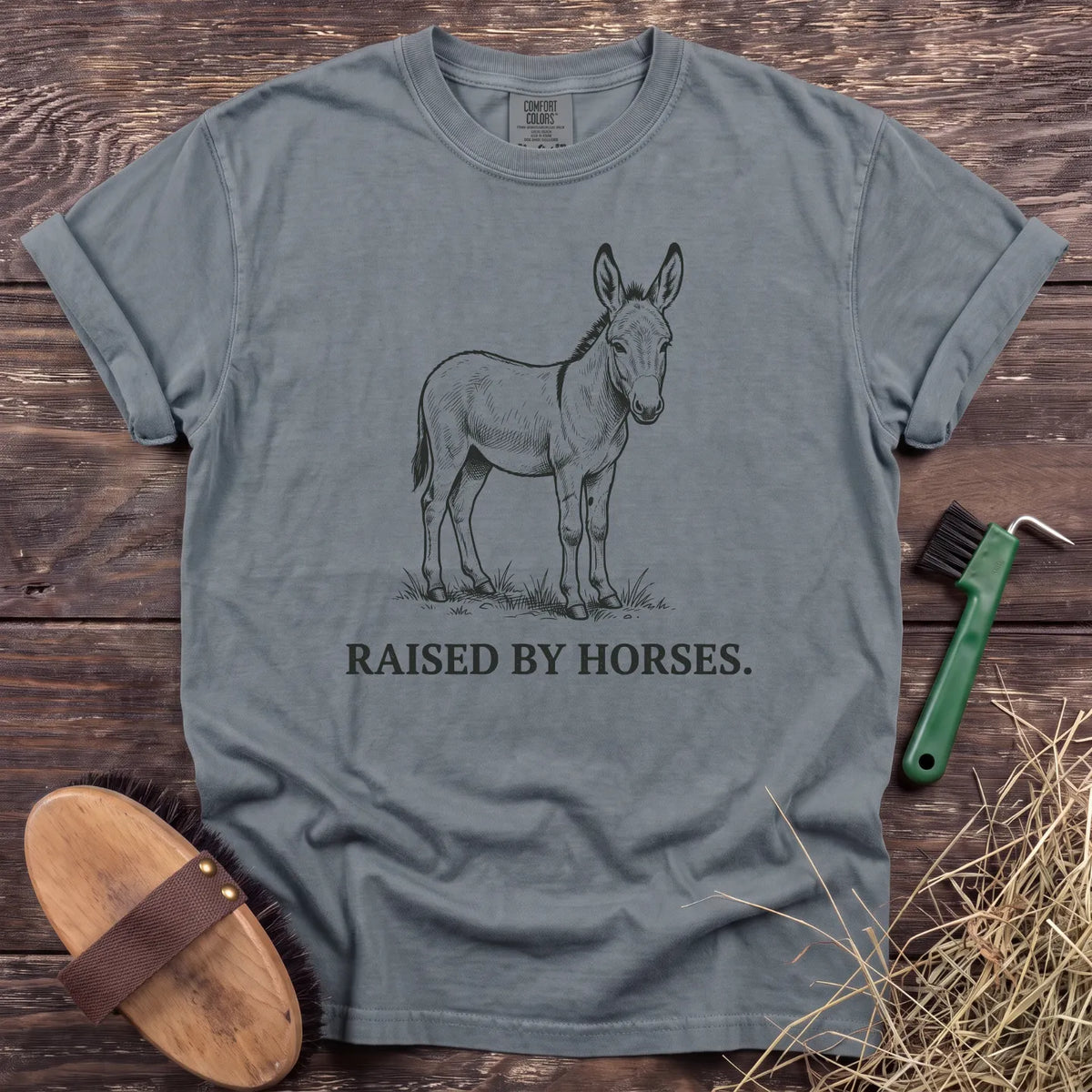 Raised by Horses T-Shirt, Granite mockup [color: Grey]