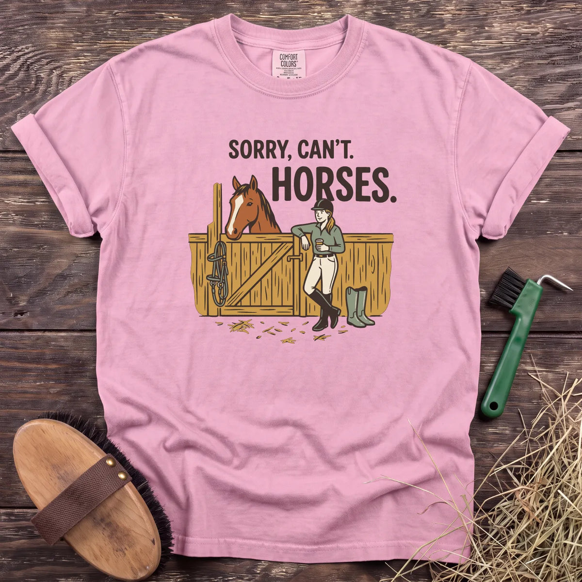 Sorry, Can't. Horses. T-Shirt in Blossom [color: Blossom]