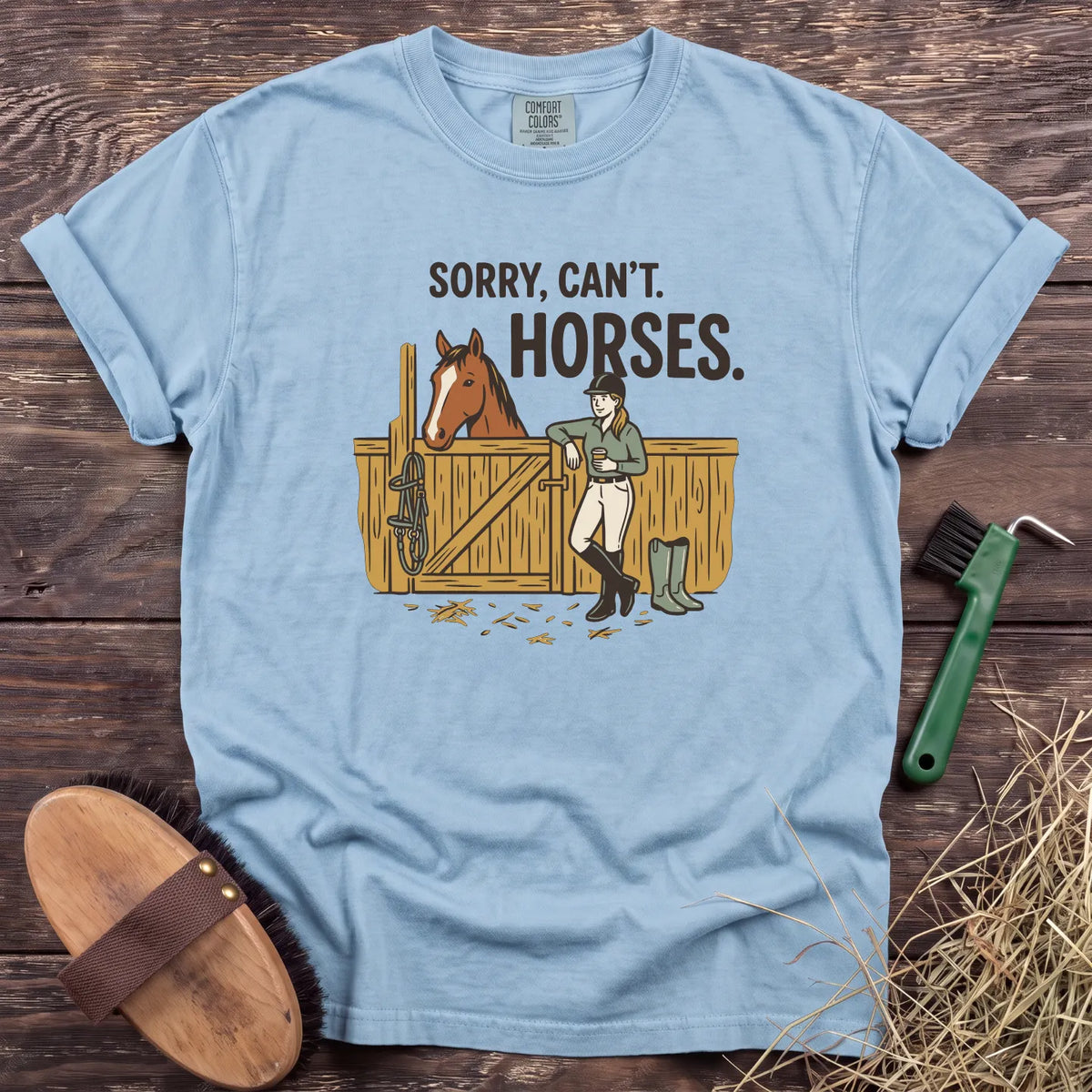 Sorry, Can't. Horses. T-Shirt in Chambray [color: Chambray]