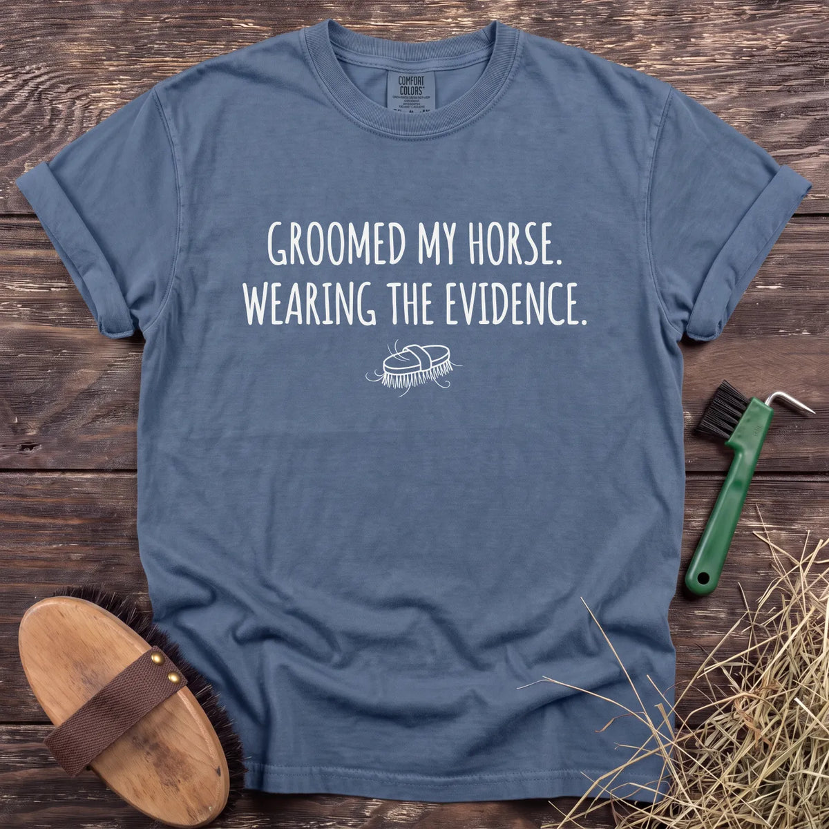 Wearing the Evidence T-Shirt in Blue Jean [color: Blue Jean]