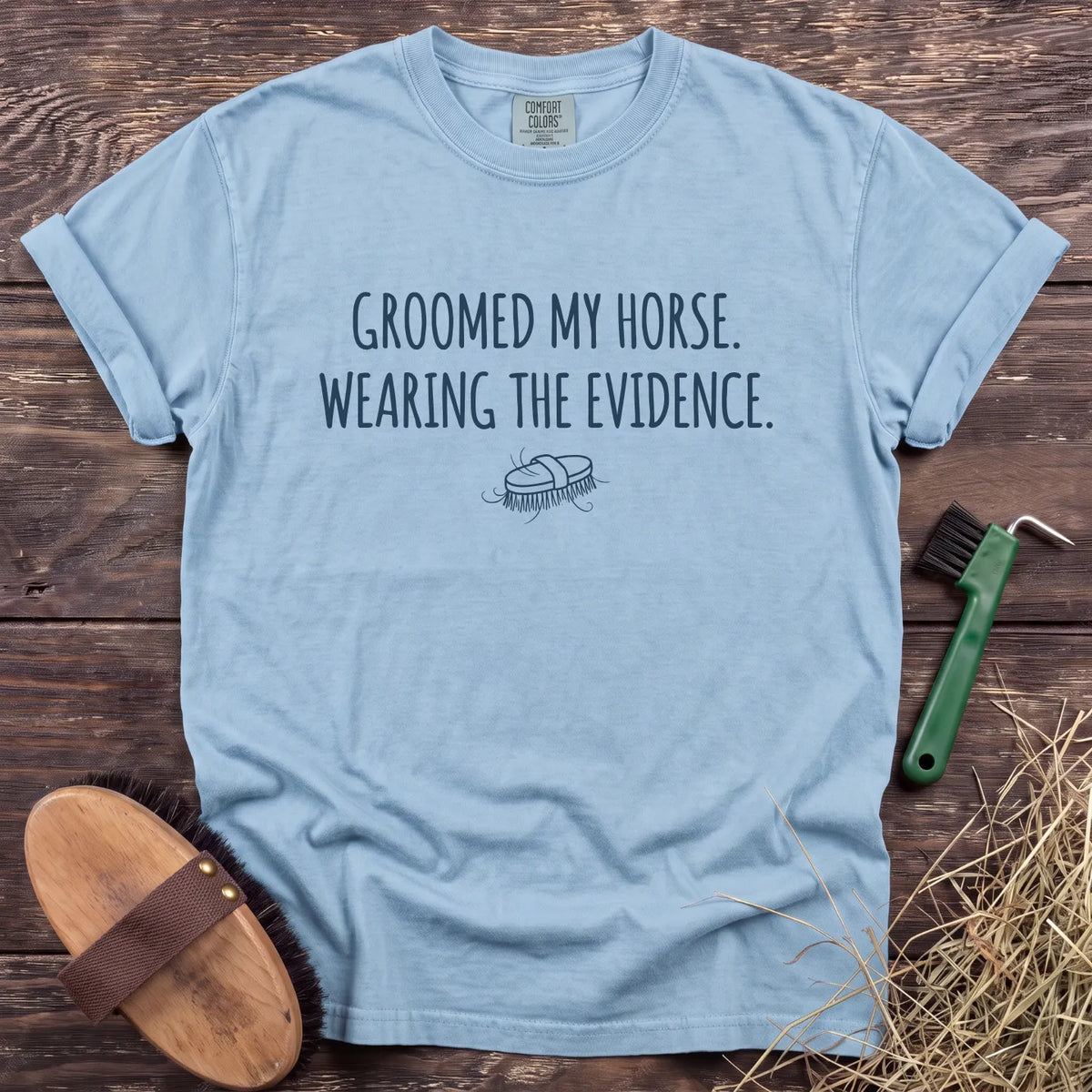 Wearing the Evidence T-Shirt in Chambray [color: Chambray]