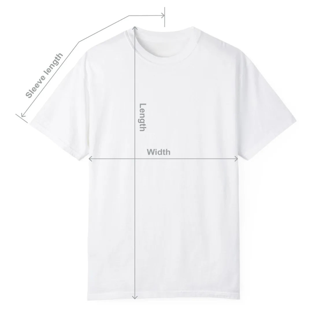 Comfort Colors 1717 T-shirt showing where width, length and sleeve length from center back are measured